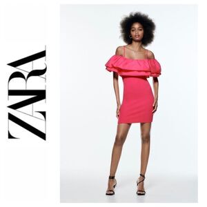 NWT Zara Fuchsia Ruffle Dress with Contrasting Ribbed Detail Mini Dress, Small